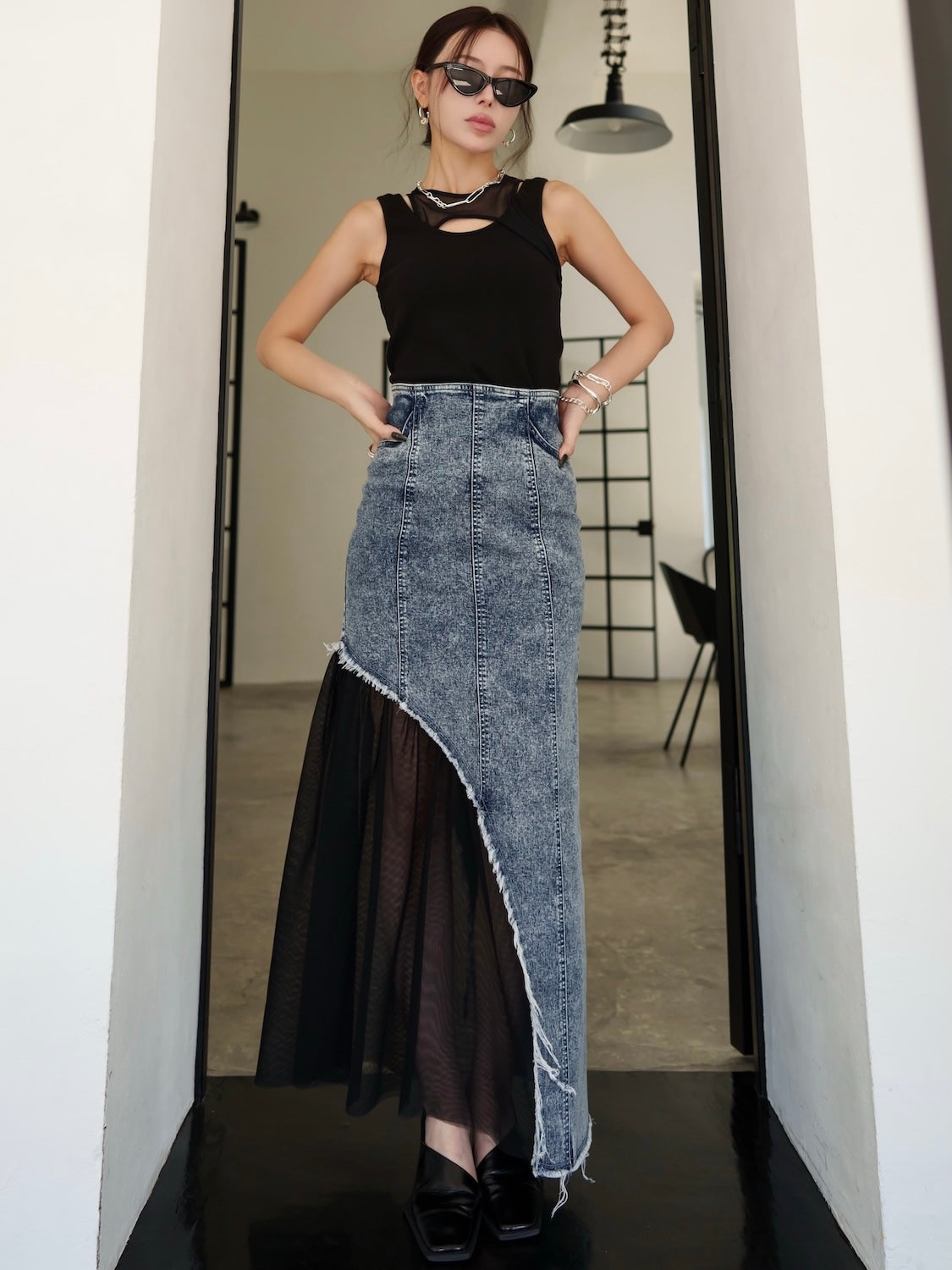 チュール ドッキング DENIM スカート