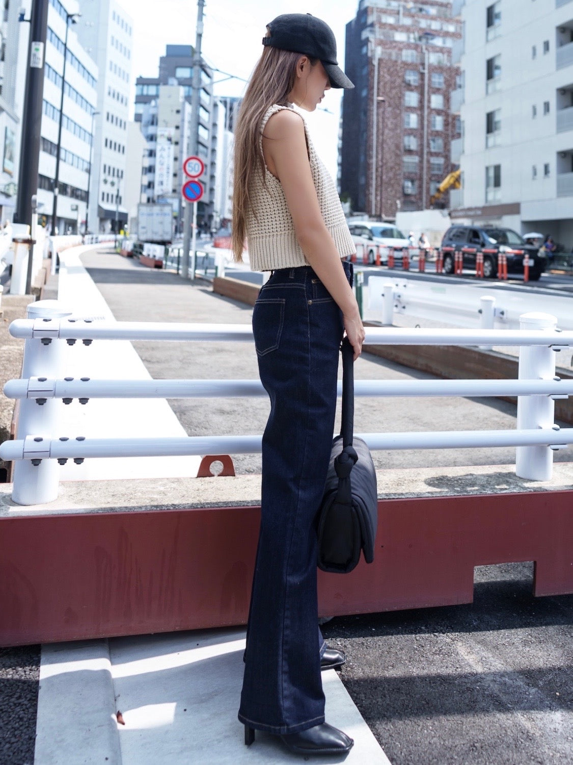 High neck waffle knit vest