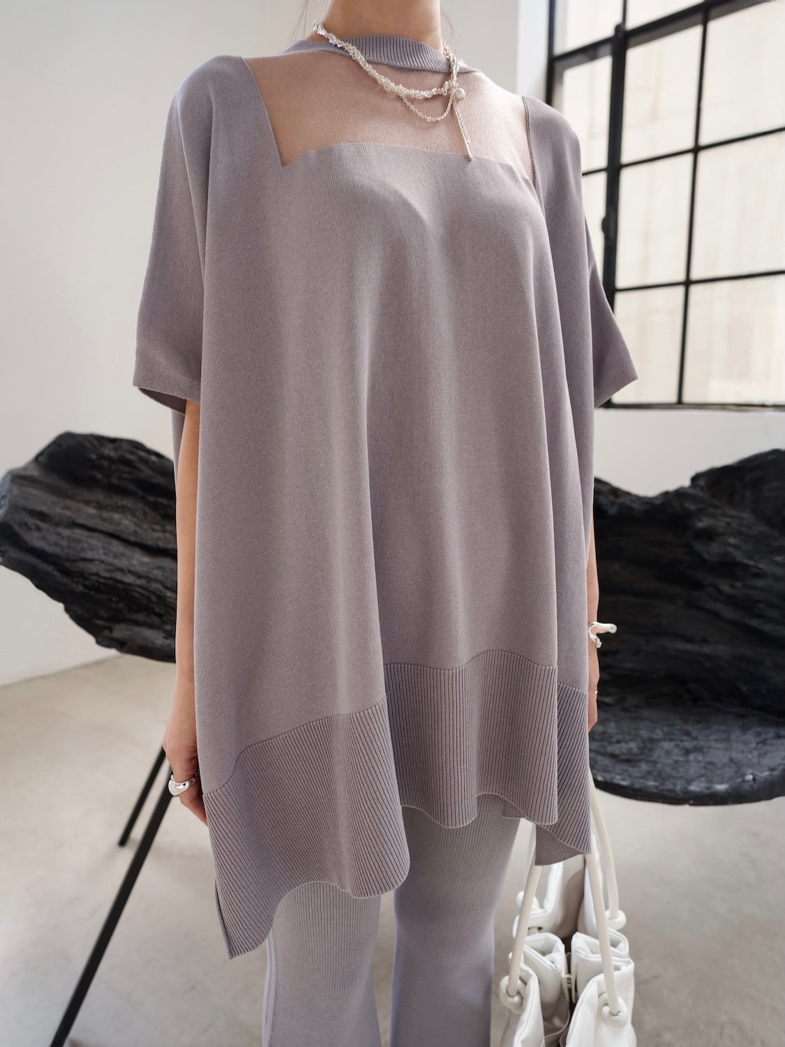 Poncho-like decollete sheer knit set
