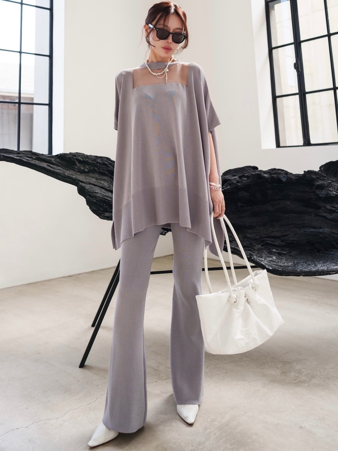 Poncho-like decollete sheer knit set