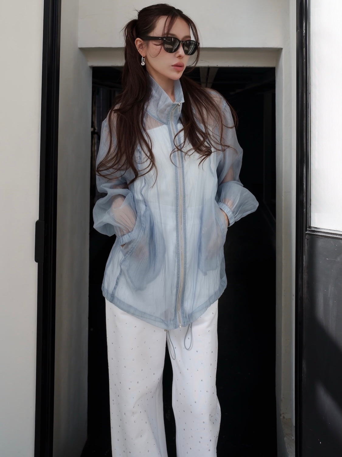 Drawstring & Zip Sheer Blouson