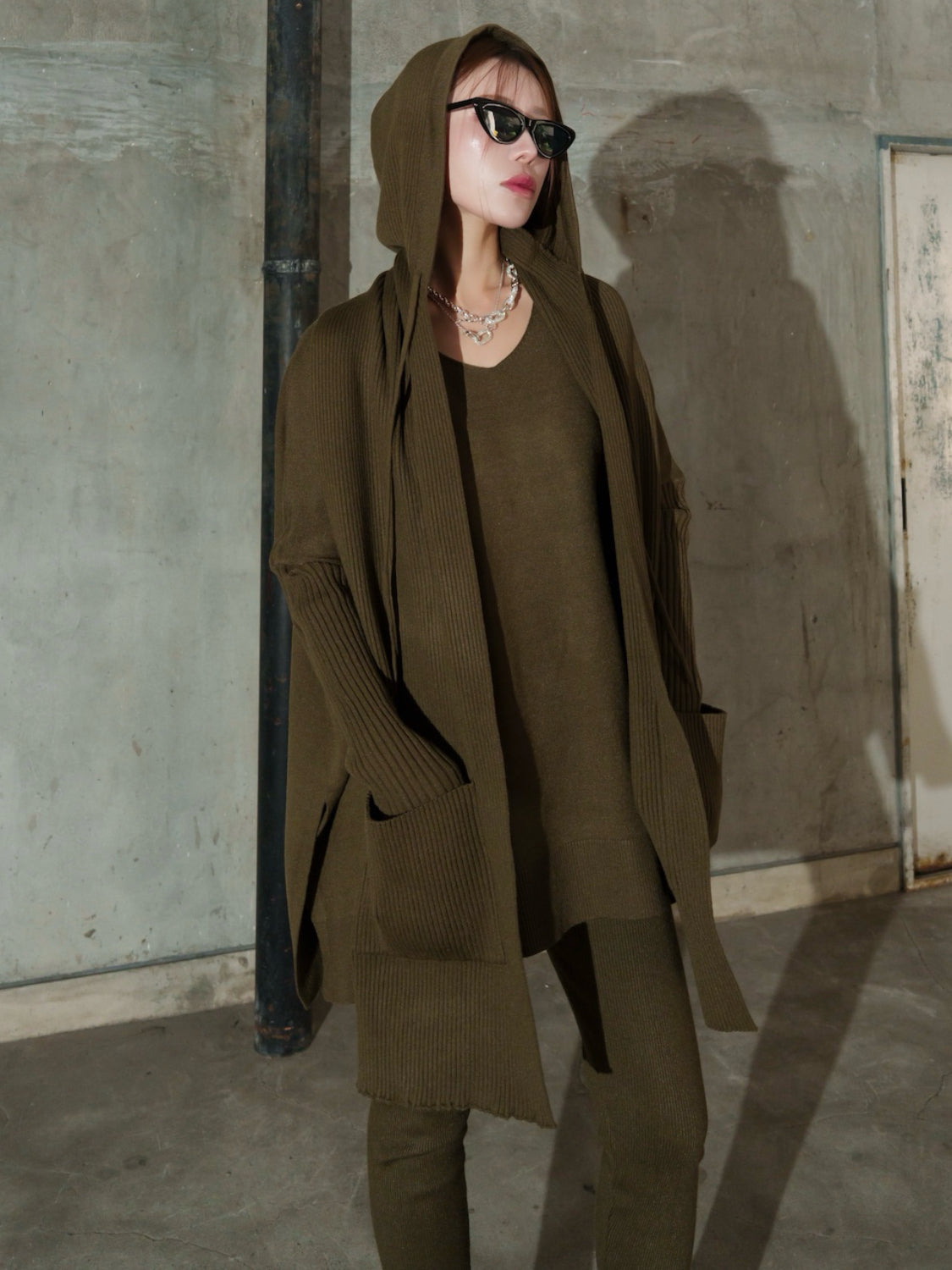 3ピース フーディー ポンチョ KNIT セットアップ