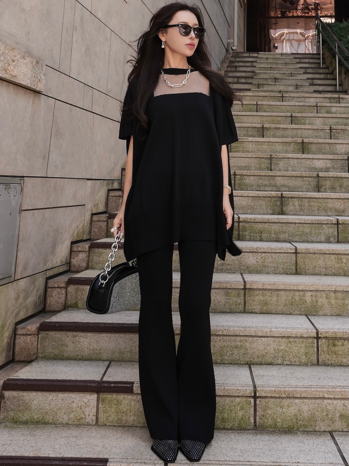 Poncho-like decollete sheer knit set