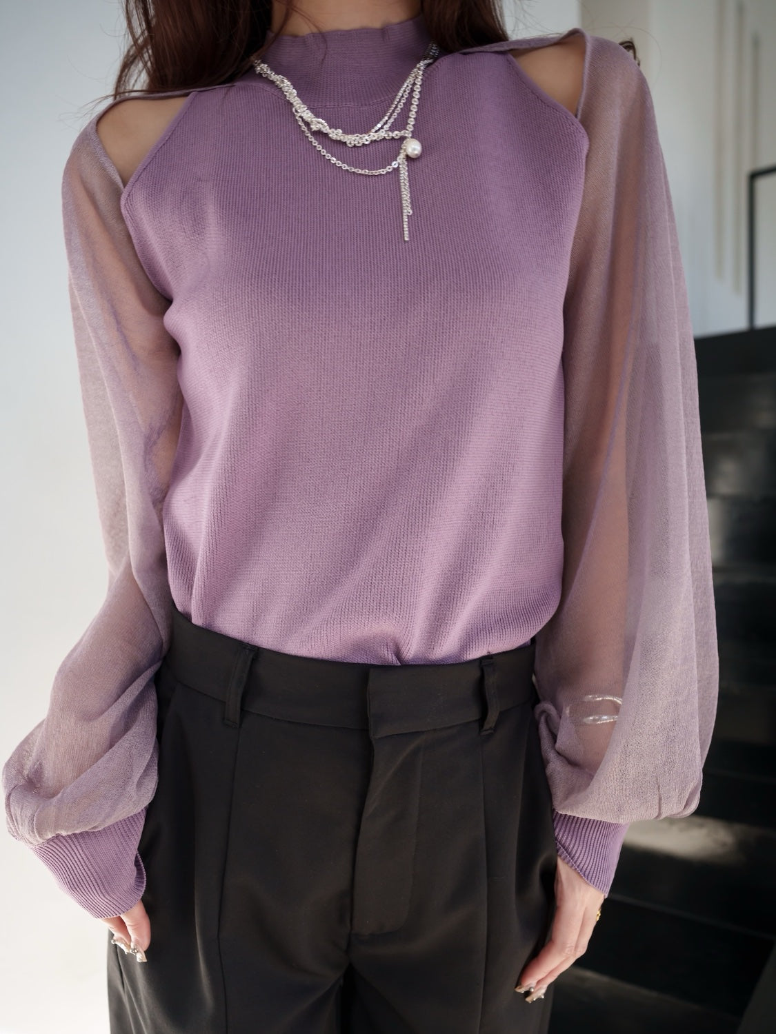 Sheer sleeve docking knit top