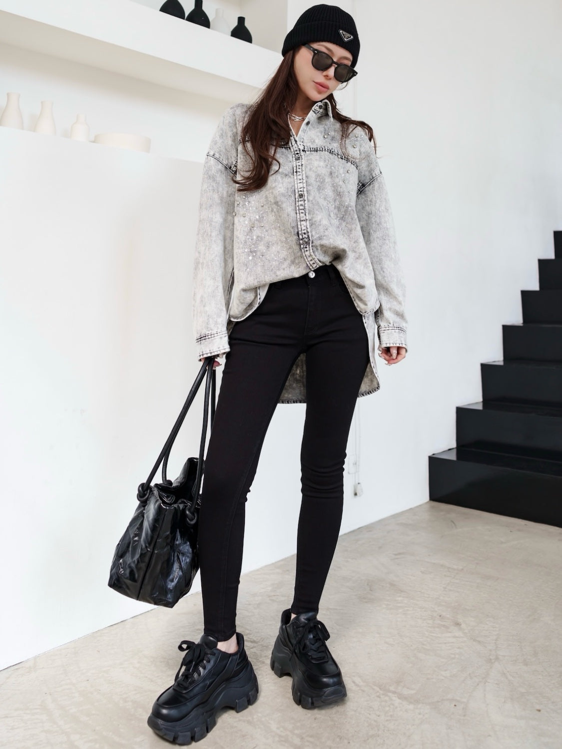 Knot crinkled leather tote