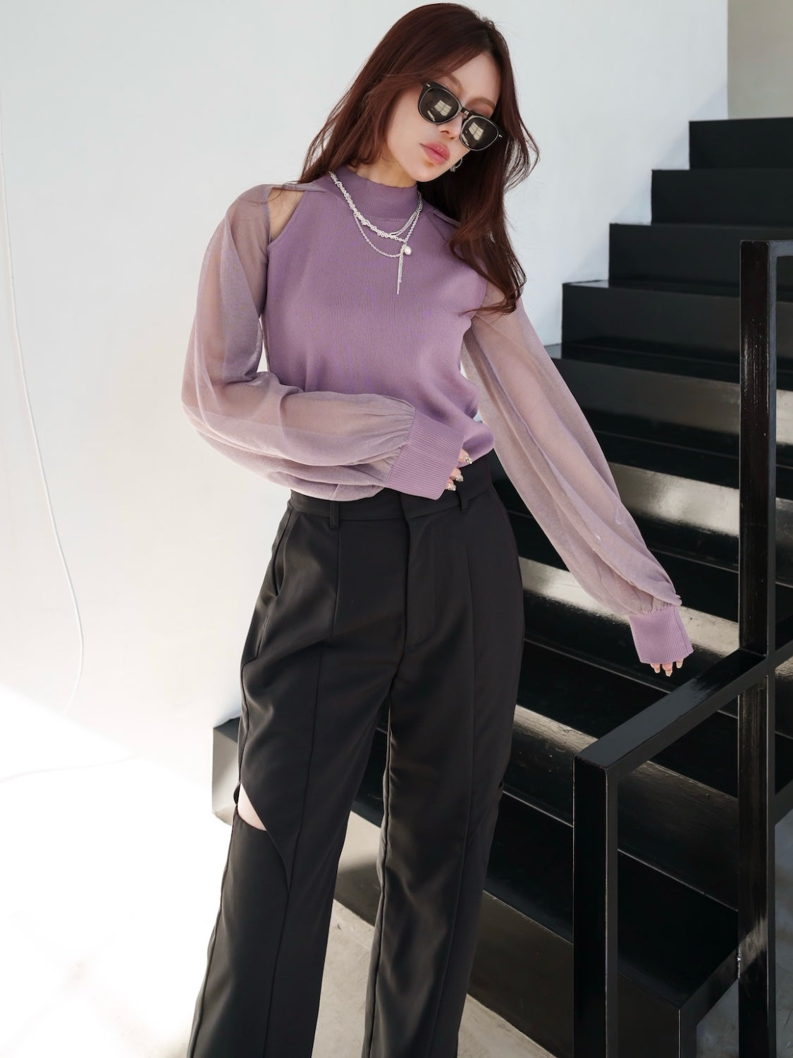 Sheer sleeve docking knit top