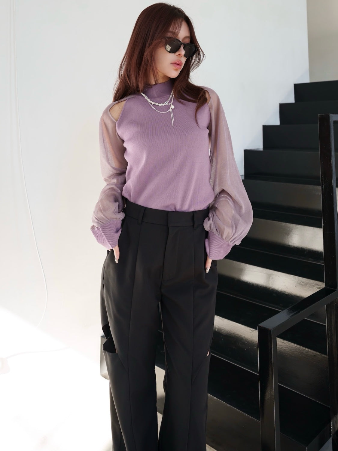 Sheer sleeve docking knit top