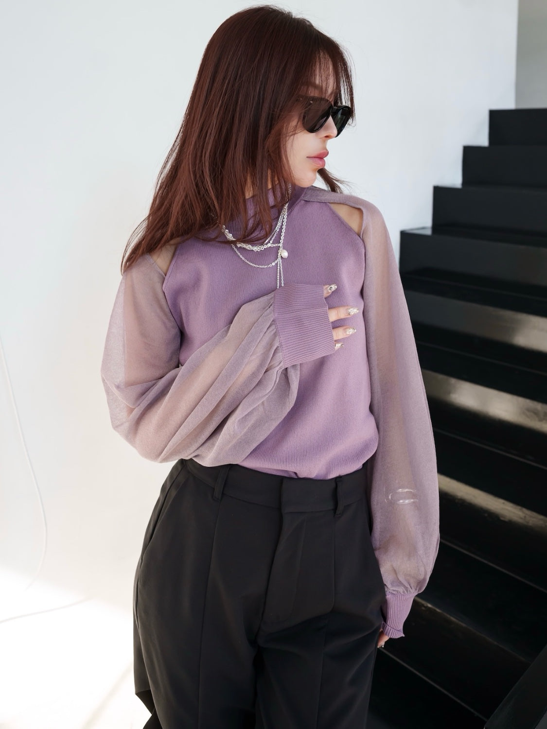 Sheer sleeve docking knit top