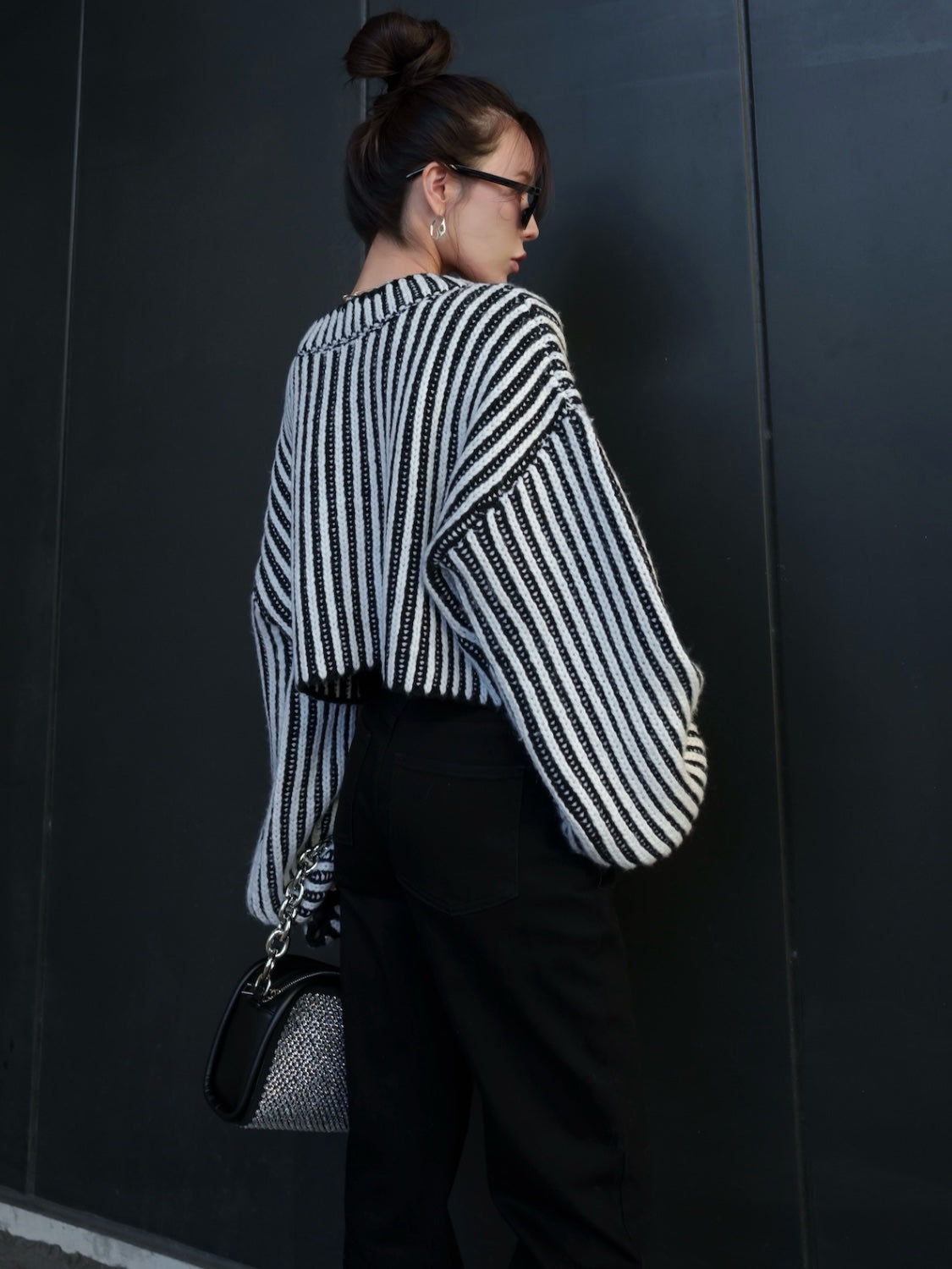 BLACK ストライプ クロップド Wool Knit
