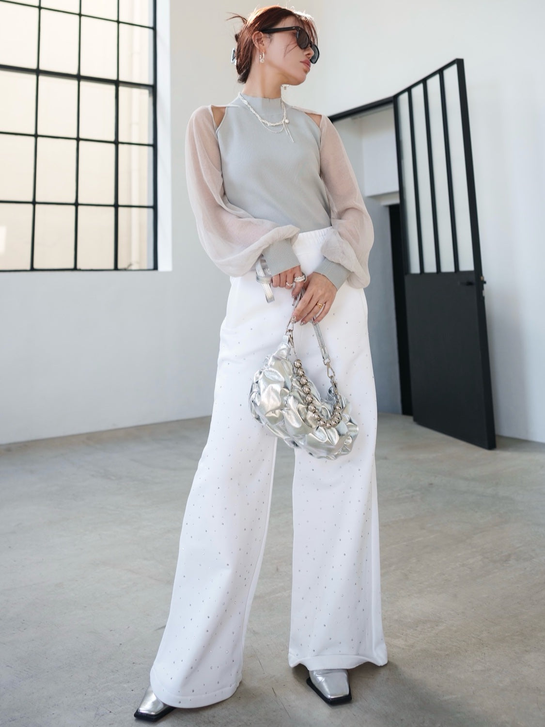 Sheer sleeve docking knit top
