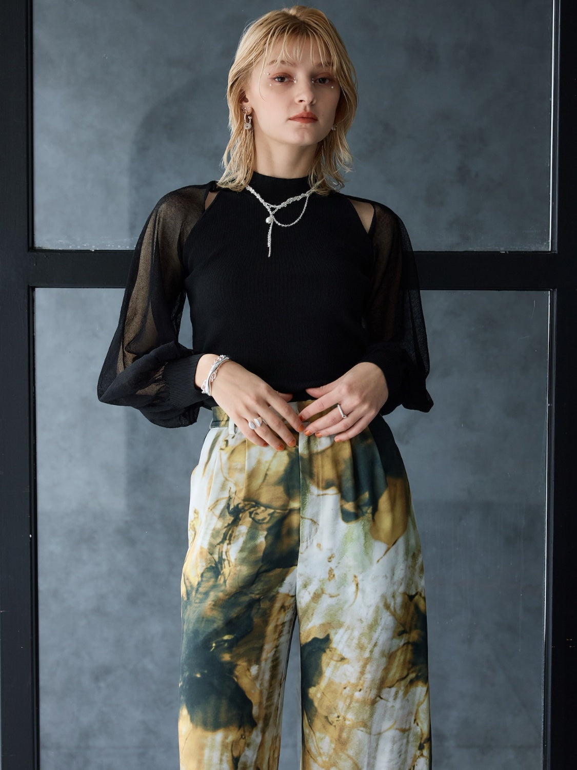 Sheer sleeve docking knit top
