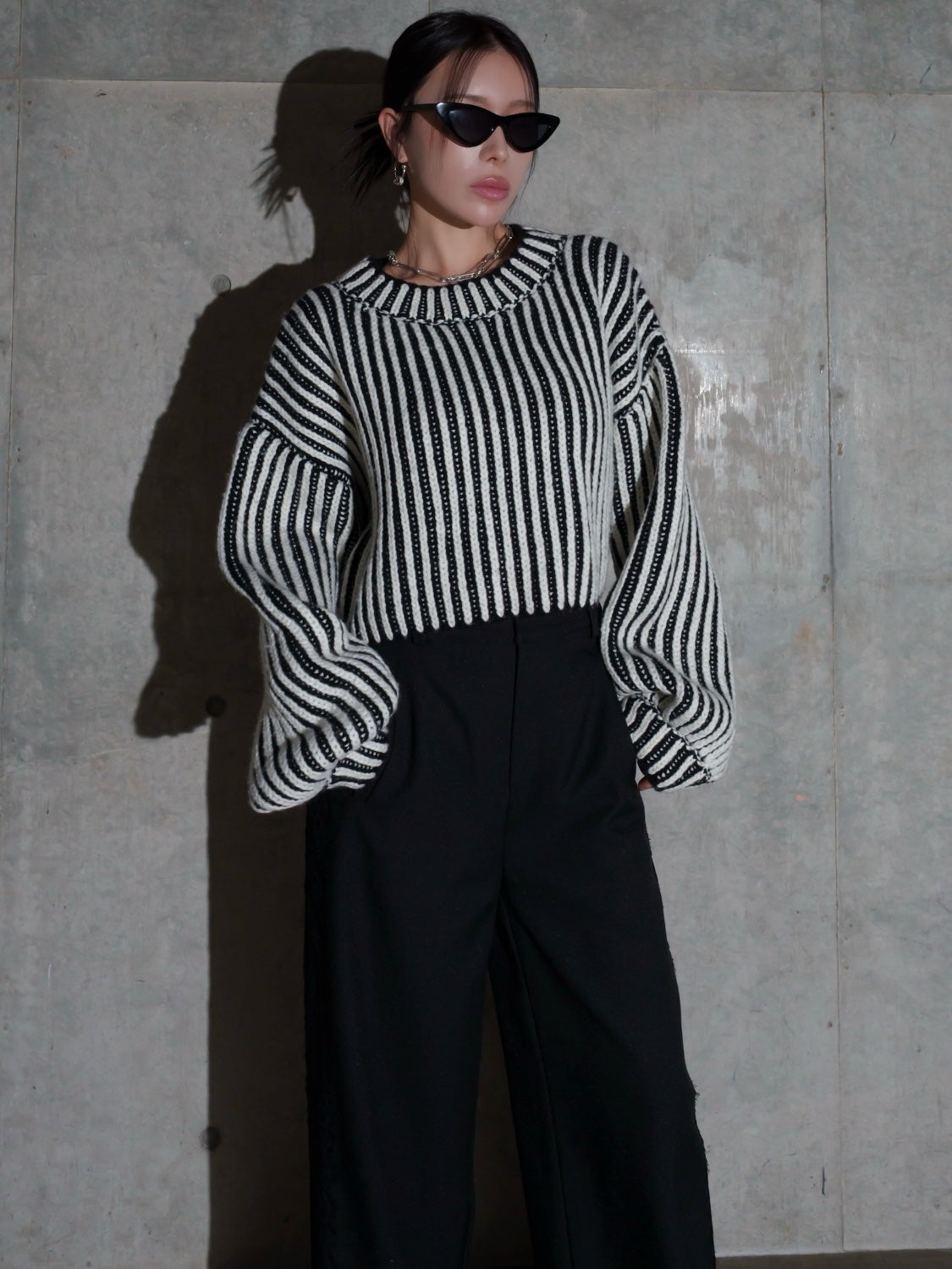 BLACK Striped Cropped Wool Knit