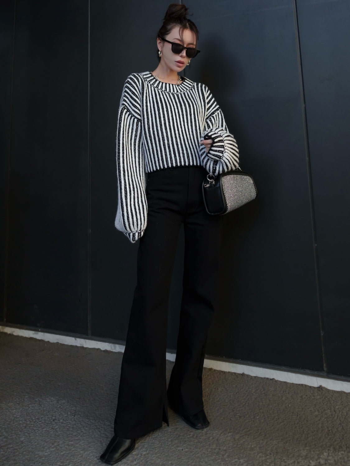 BLACK ストライプ クロップド Wool Knit