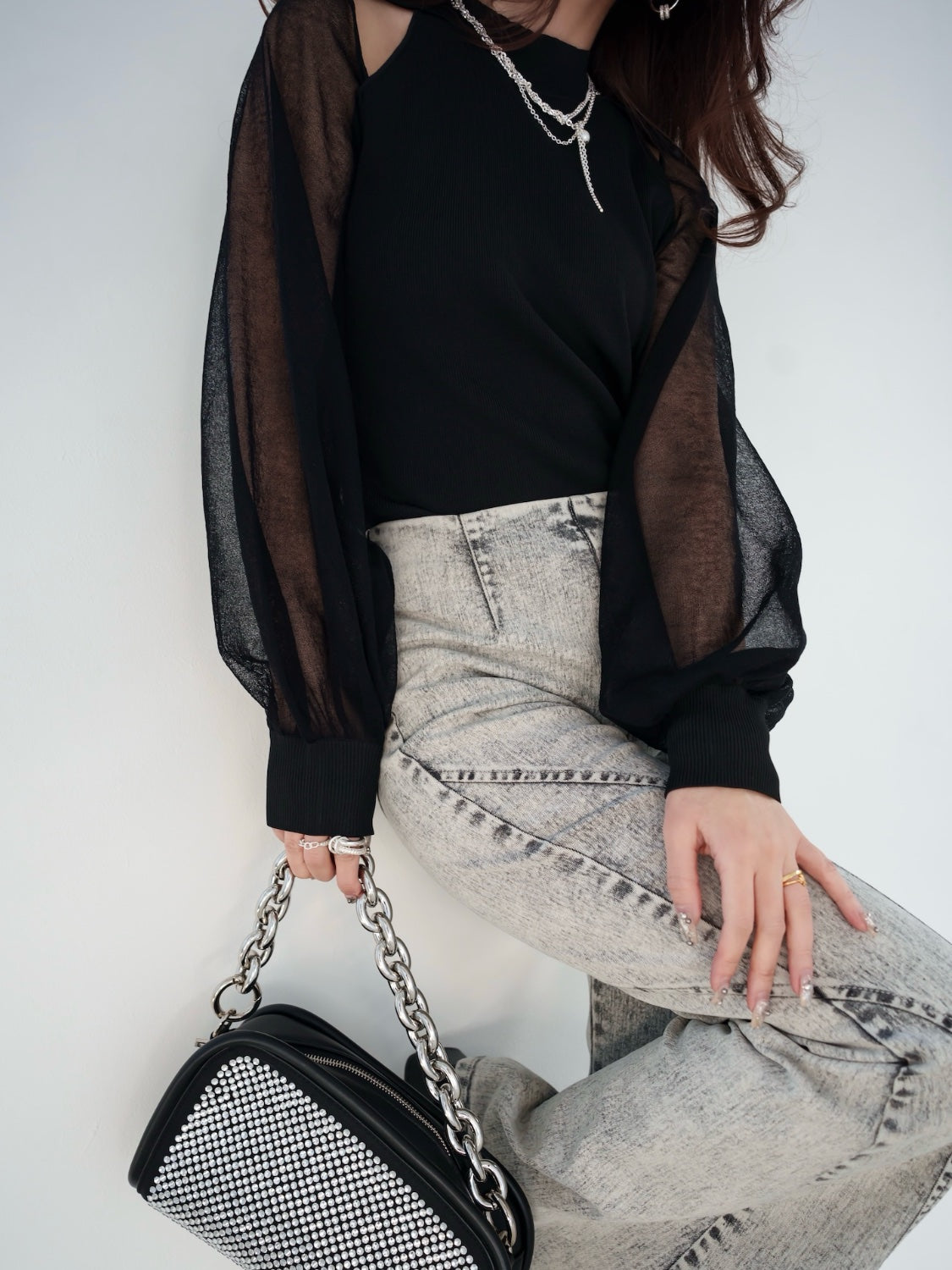 Sheer sleeve docking knit top
