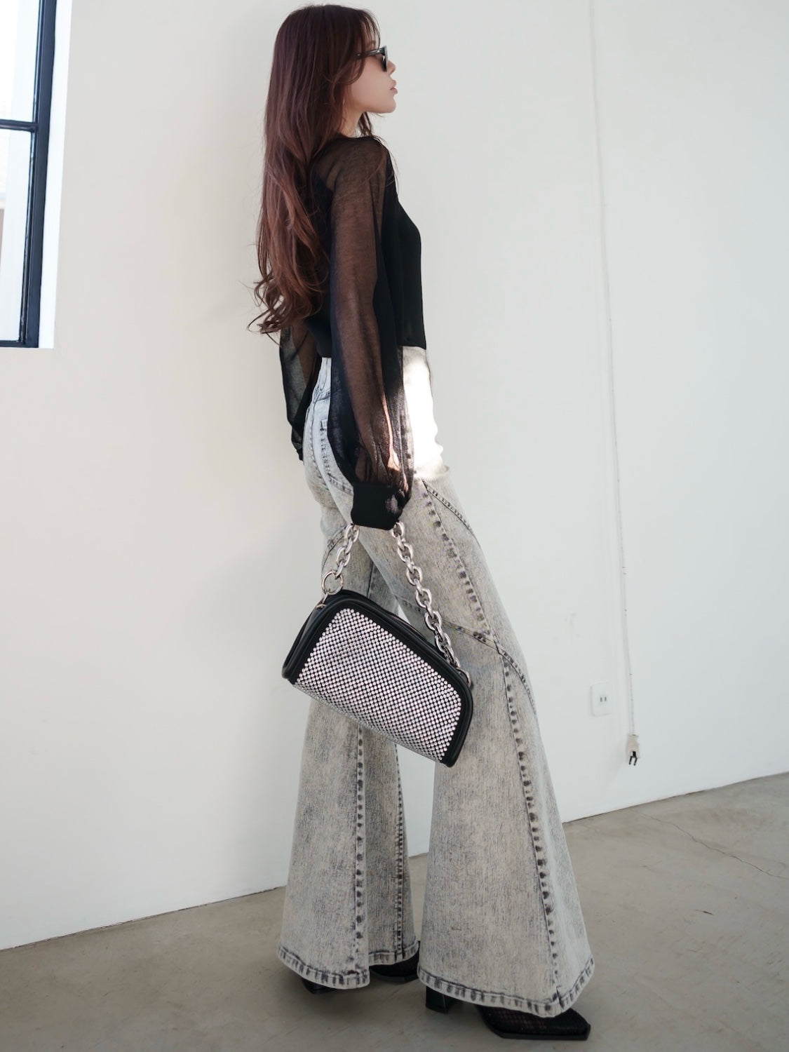 Sheer sleeve docking knit top