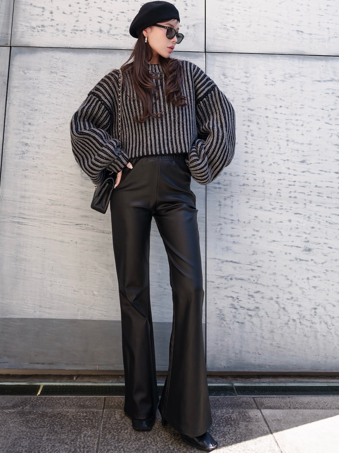 BLACK ストライプ クロップド Wool Knit
