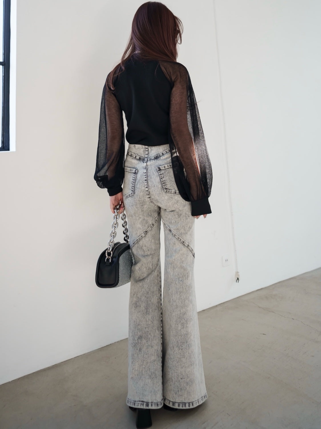 Sheer sleeve docking knit top