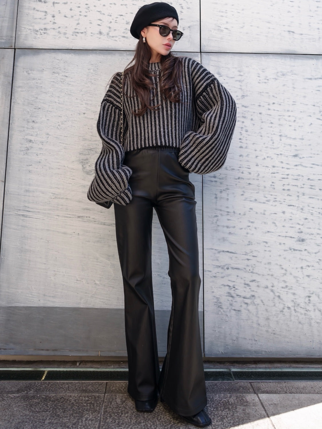 BLACK ストライプ クロップド Wool Knit