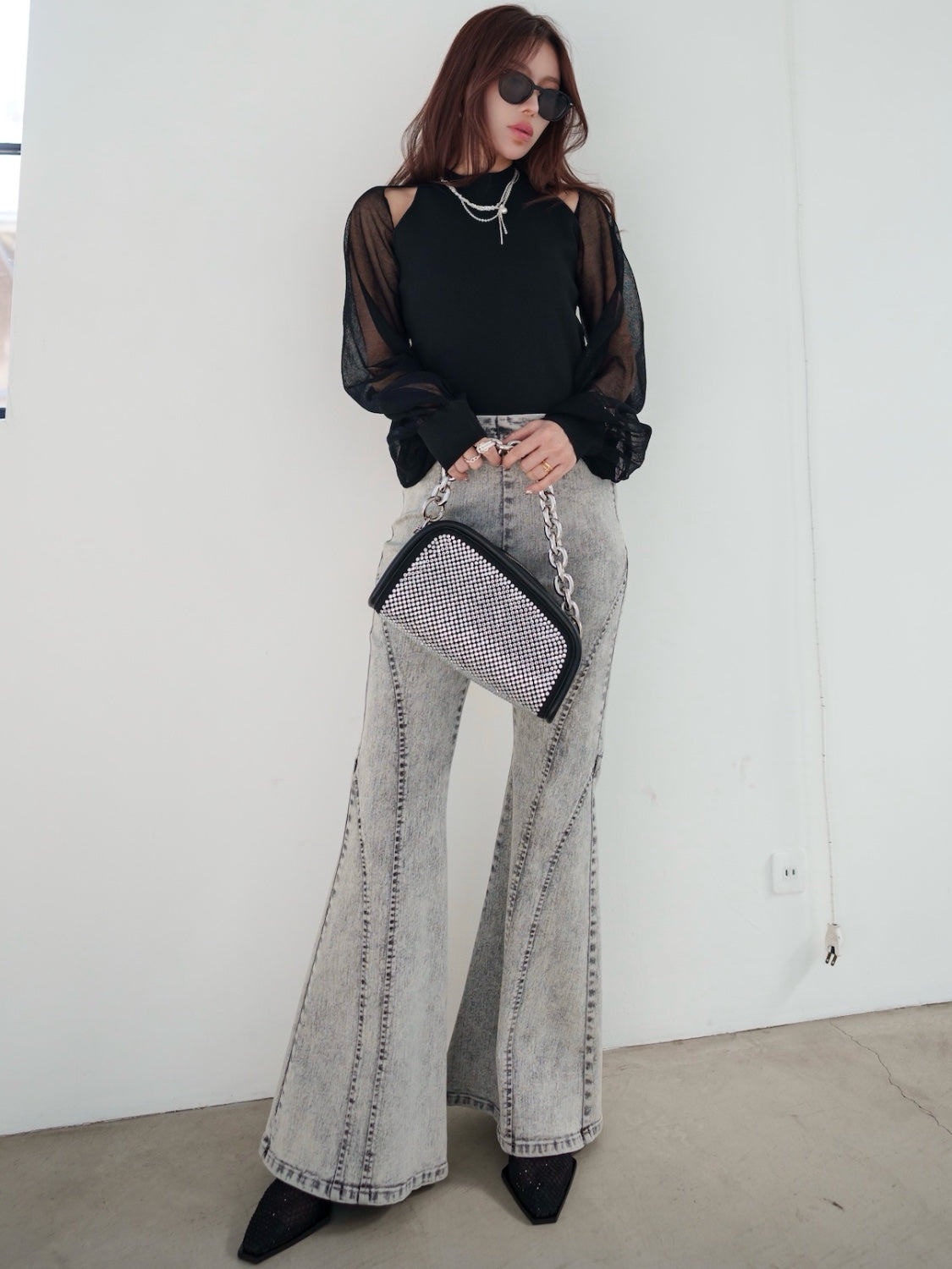 Sheer sleeve docking knit top