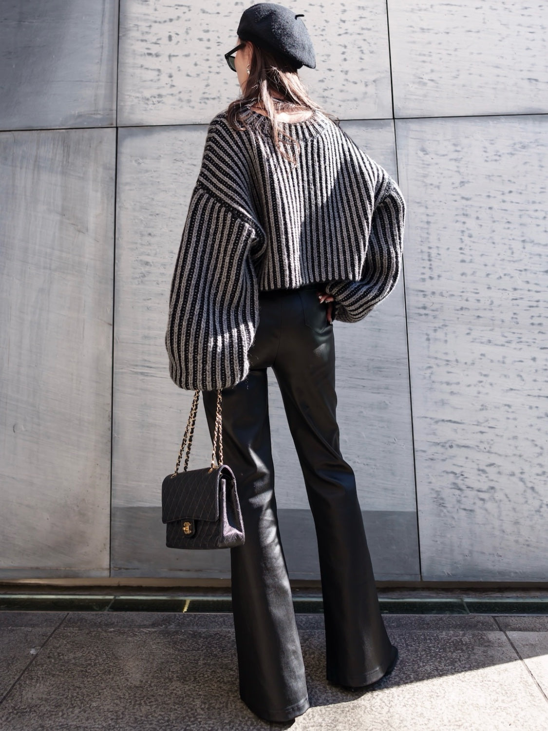 BLACK ストライプ クロップド Wool Knit