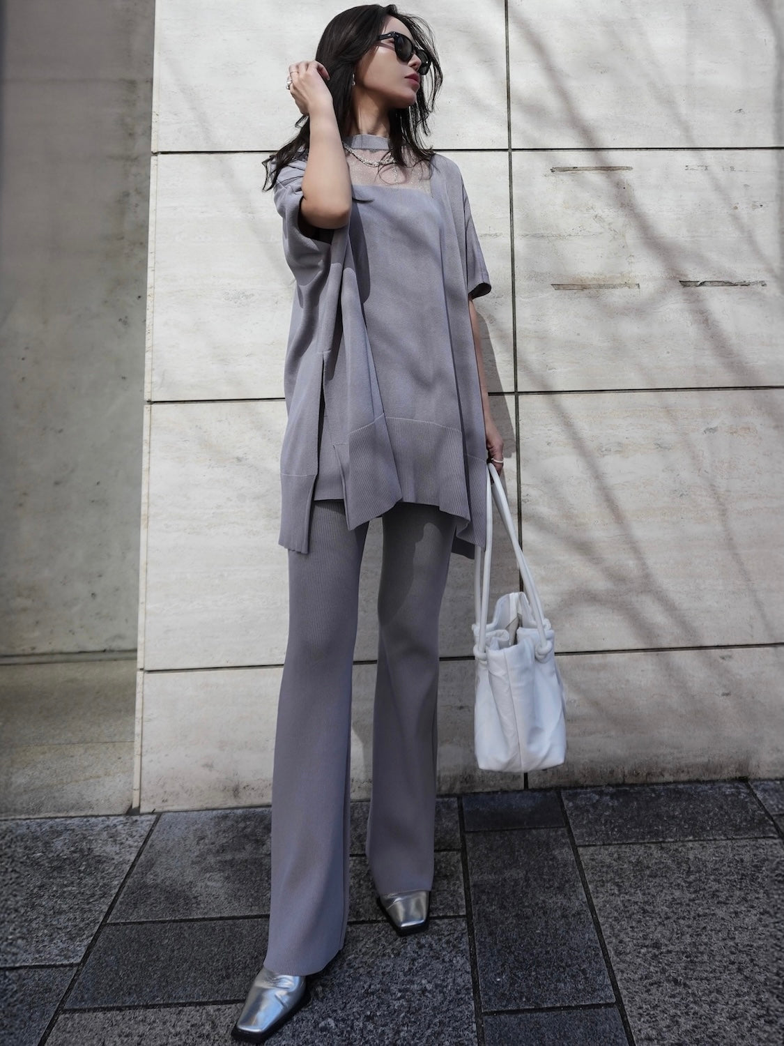 Poncho-like decollete sheer knit set