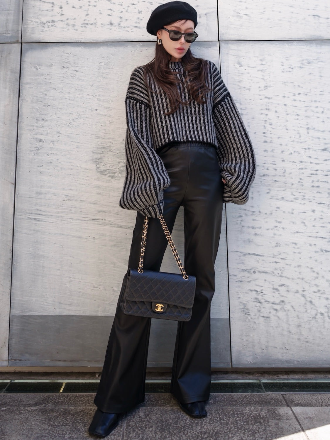 BLACK ストライプ クロップド Wool Knit