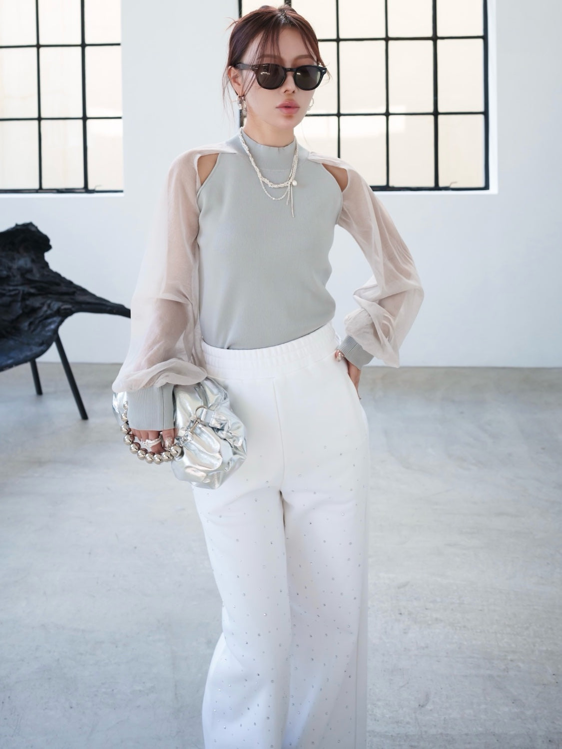 Sheer sleeve docking knit top