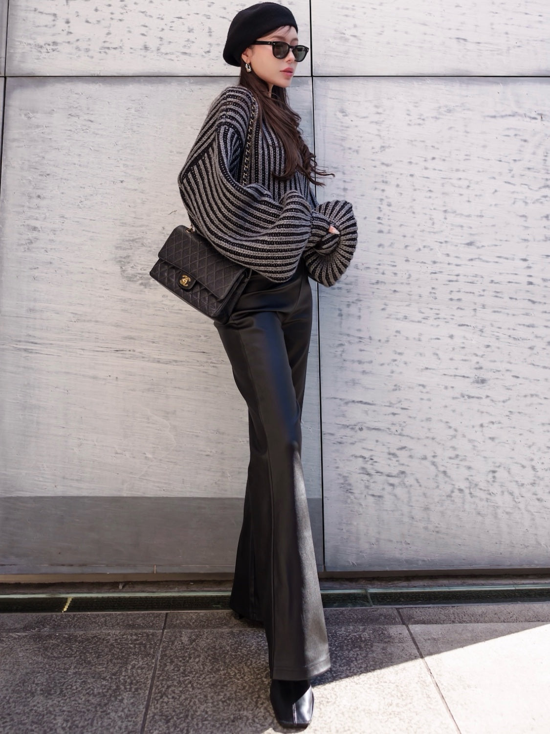BLACK ストライプ クロップド Wool Knit