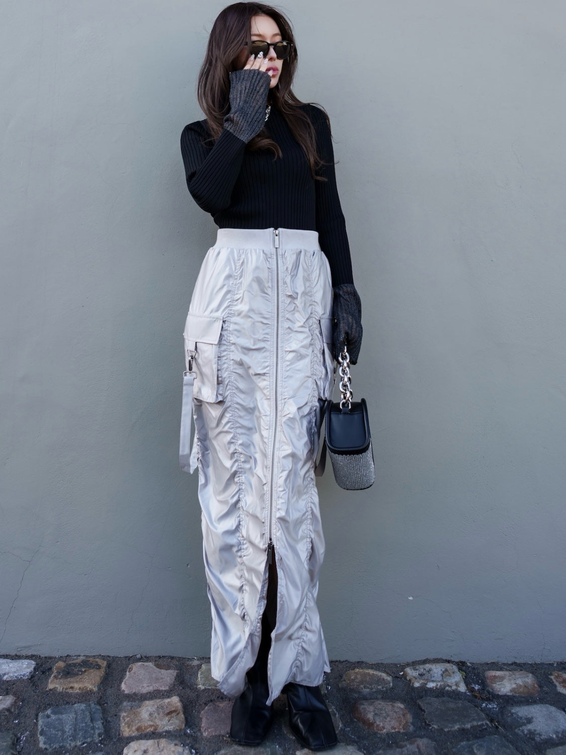 Tafta ruched cargo skirt