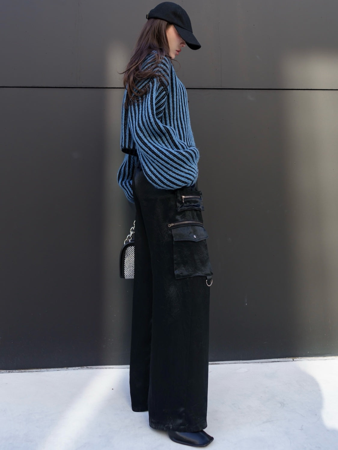 BLACK ストライプ クロップド Wool Knit