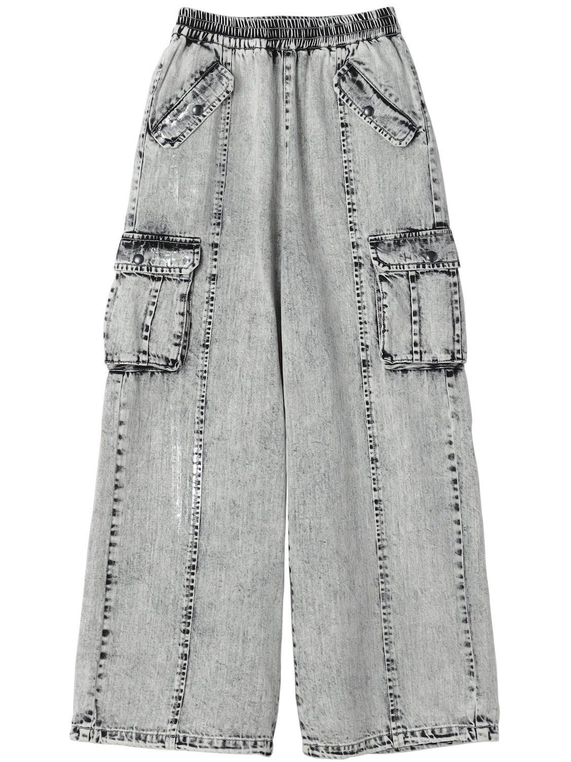 Metallic print chemical cargo denim