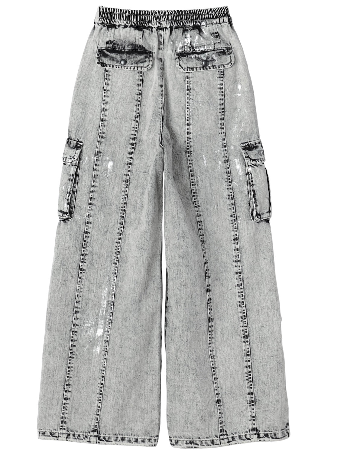 Metallic print chemical cargo denim