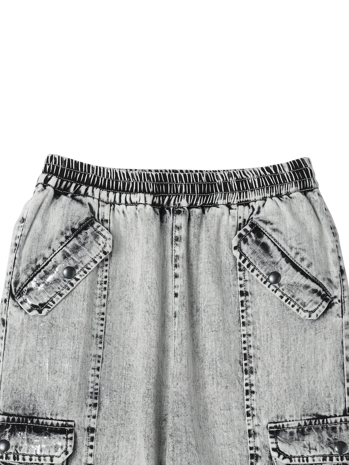 Metallic print chemical cargo denim
