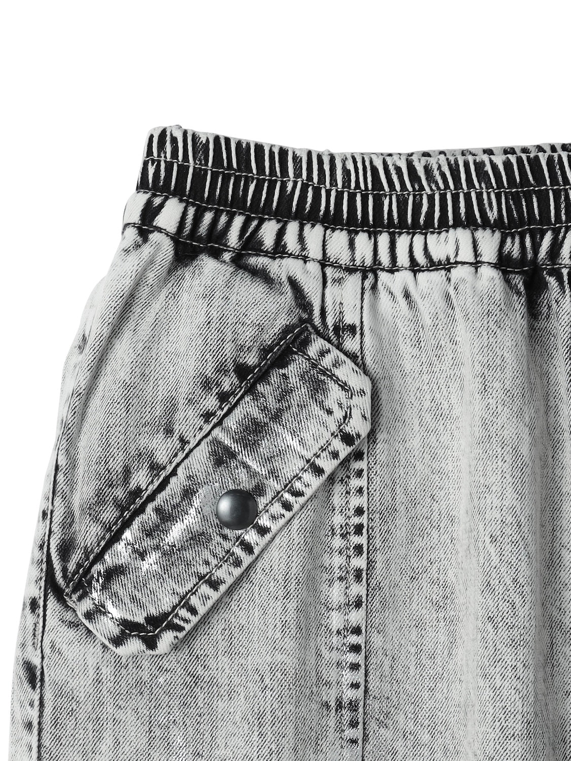 Metallic print chemical cargo denim