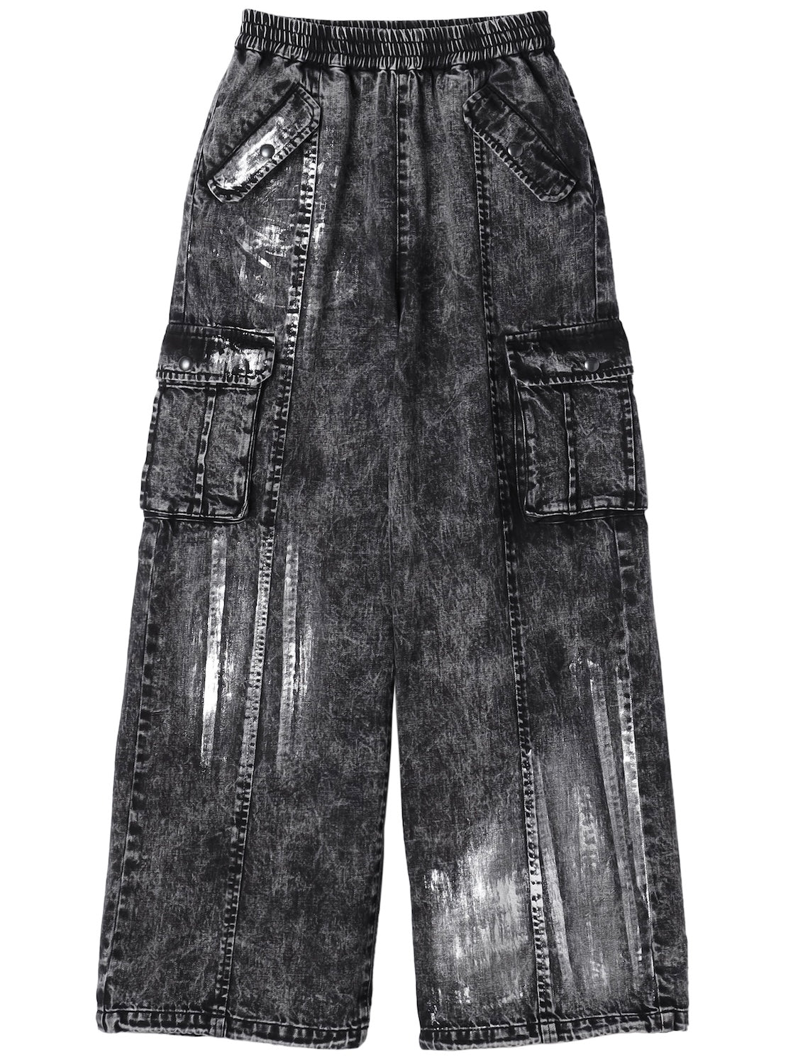 Metallic print chemical cargo denim