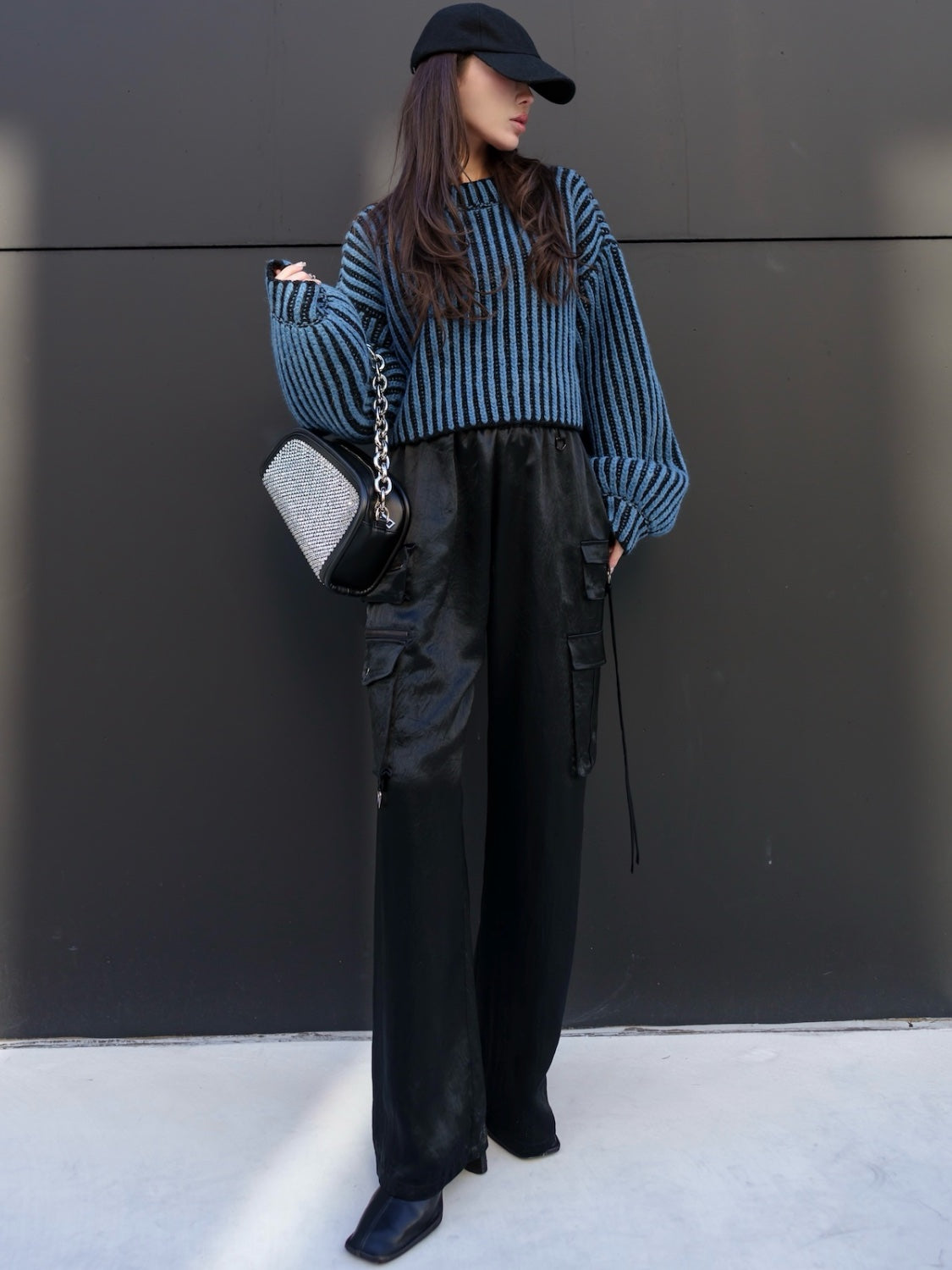 BLACK ストライプ クロップド Wool Knit