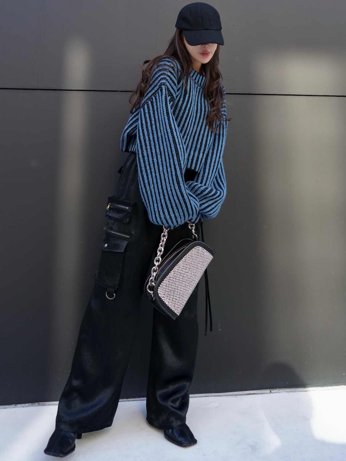 BLACK ストライプ クロップド Wool Knit
