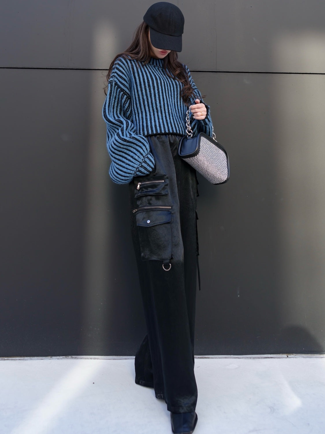 BLACK ストライプ クロップド Wool Knit