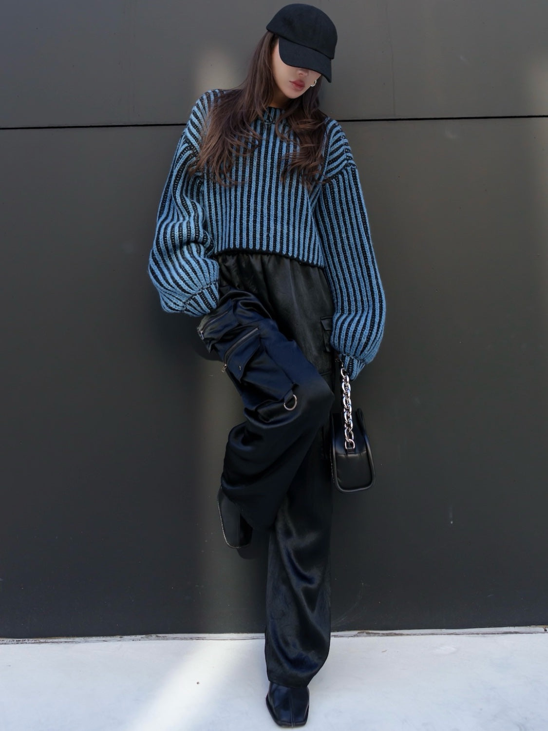 BLACK ストライプ クロップド Wool Knit
