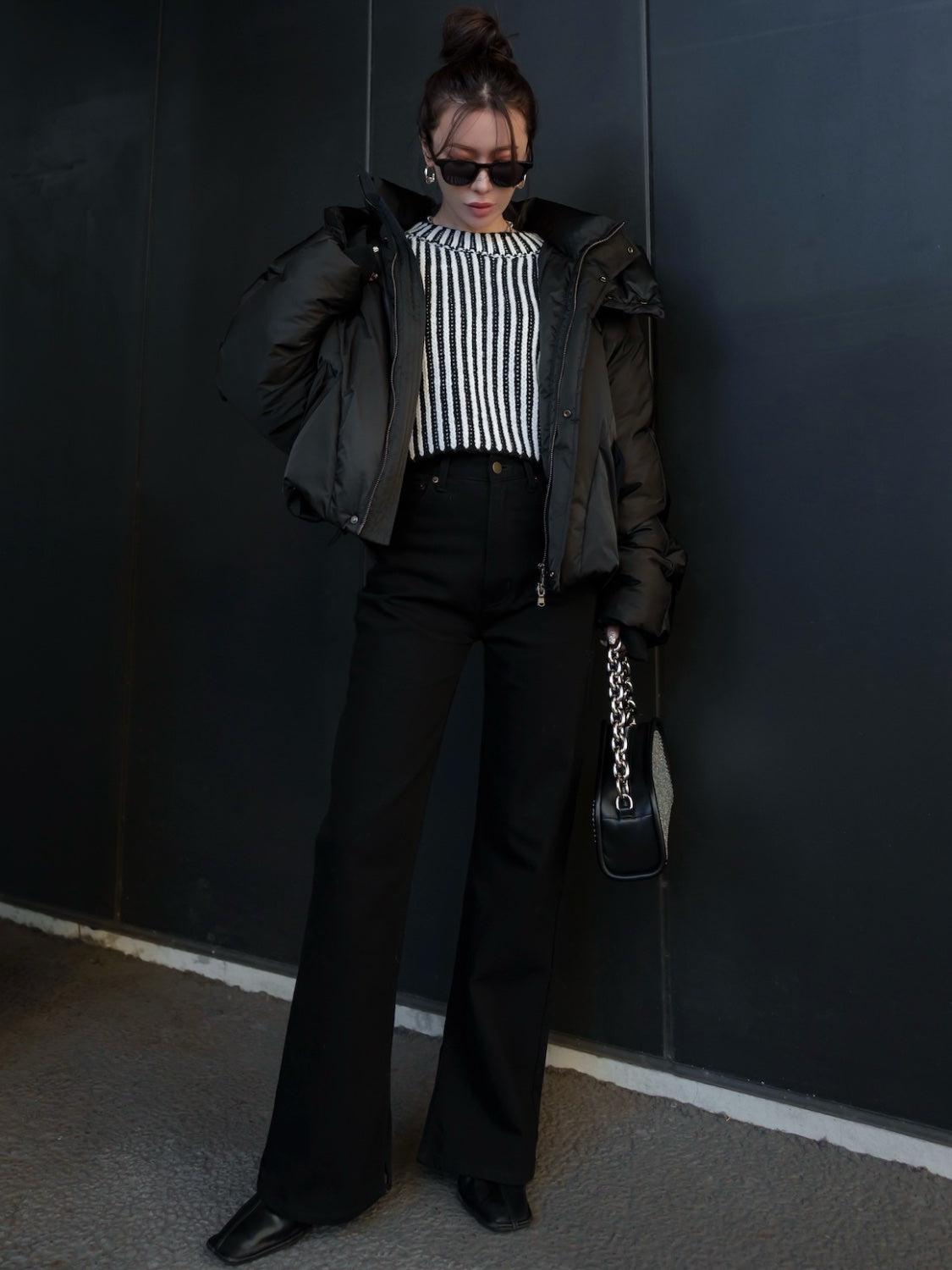 BLACK ストライプ クロップド Wool Knit