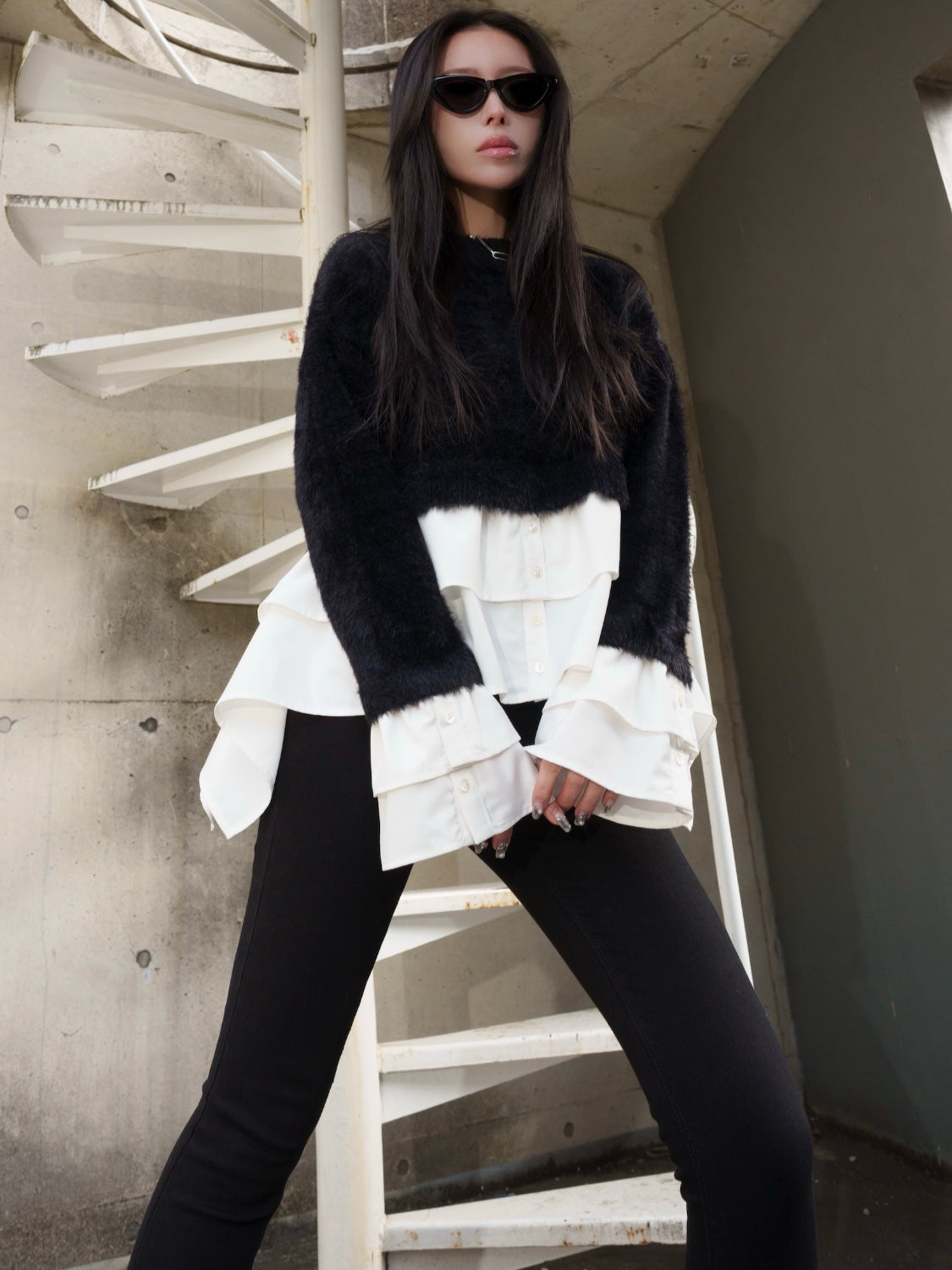 KNIT ドッキング フリルレイヤー ブラウス