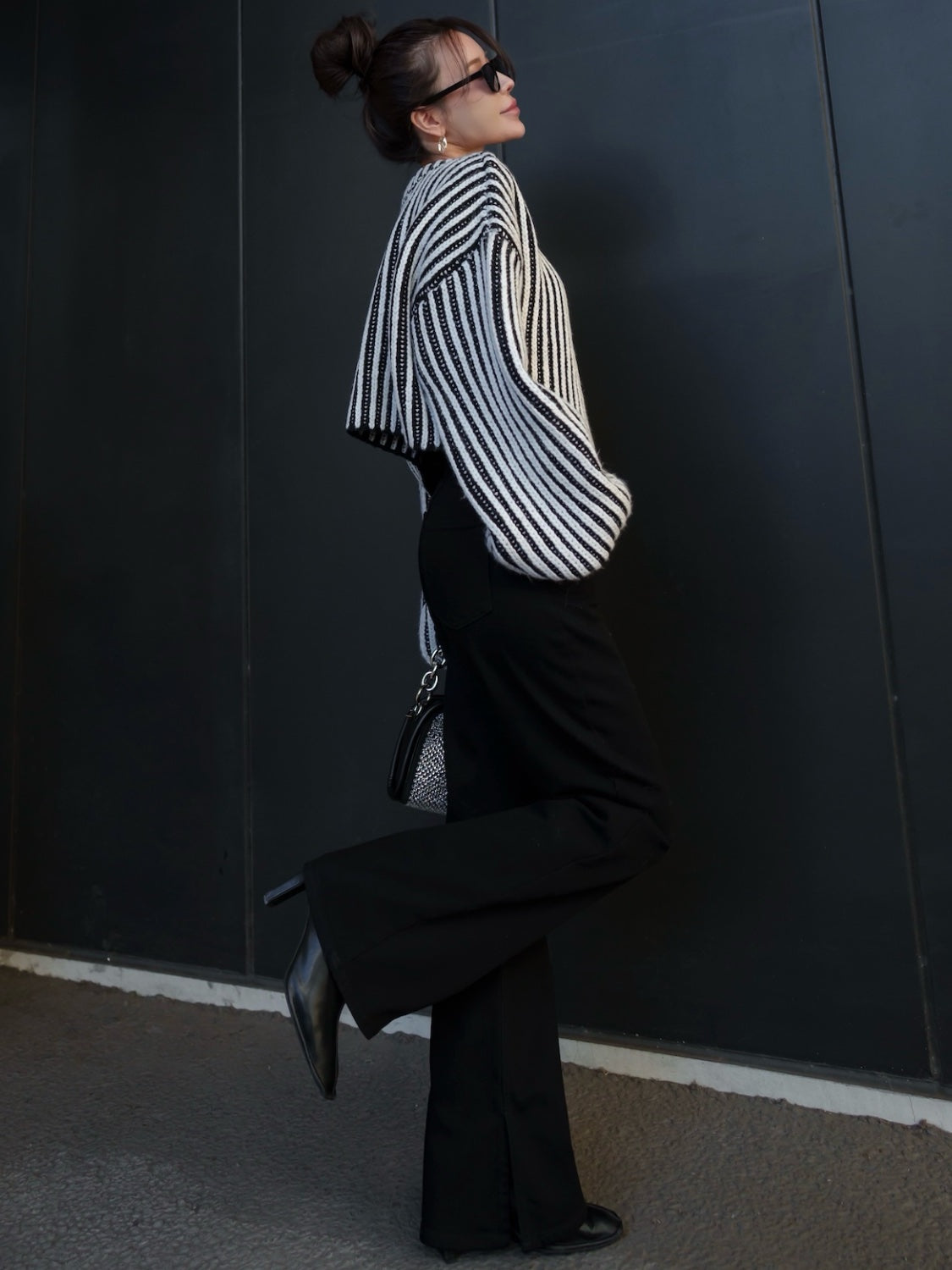 BLACK ストライプ クロップド Wool Knit