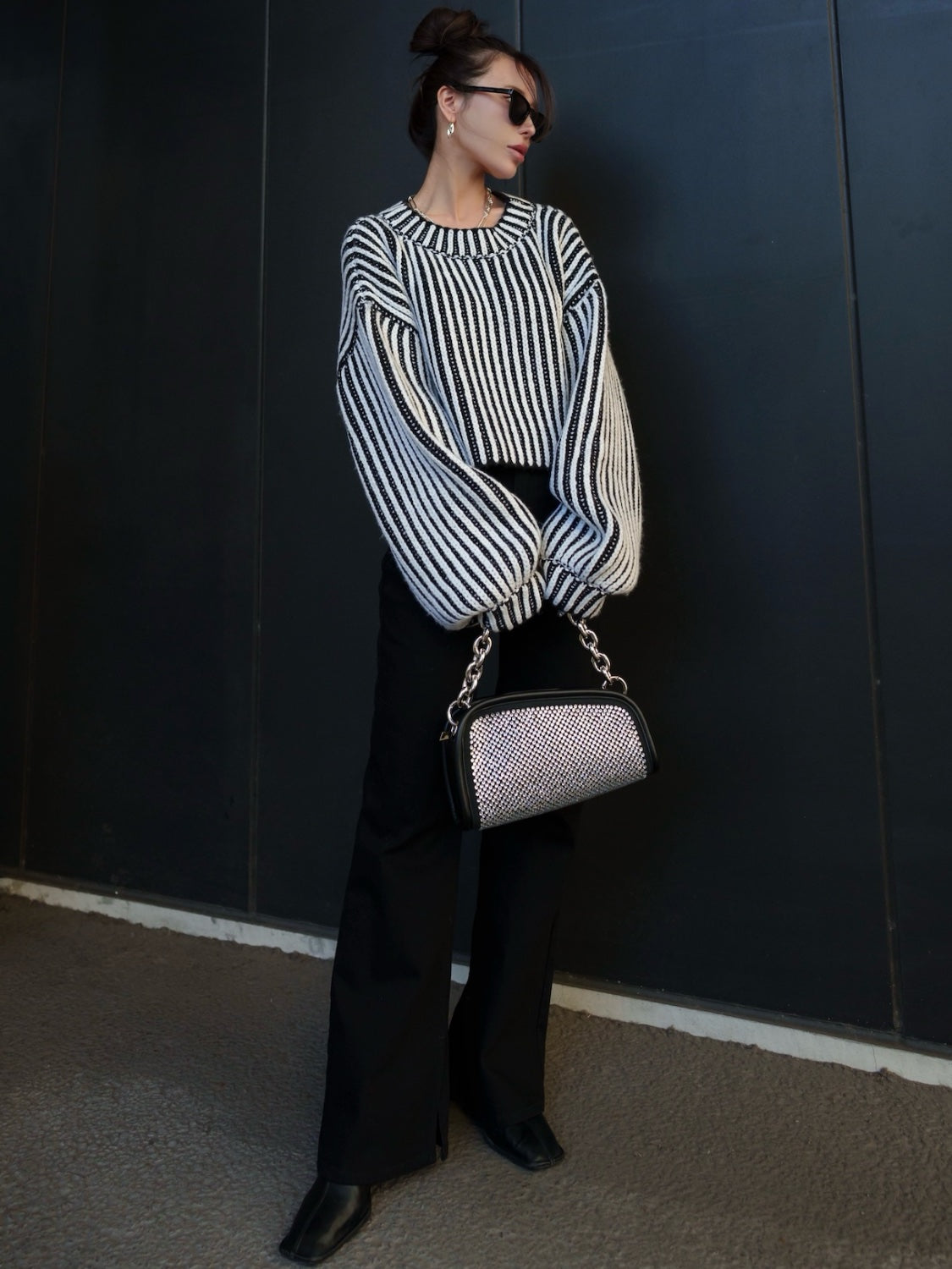 BLACK ストライプ クロップド Wool Knit
