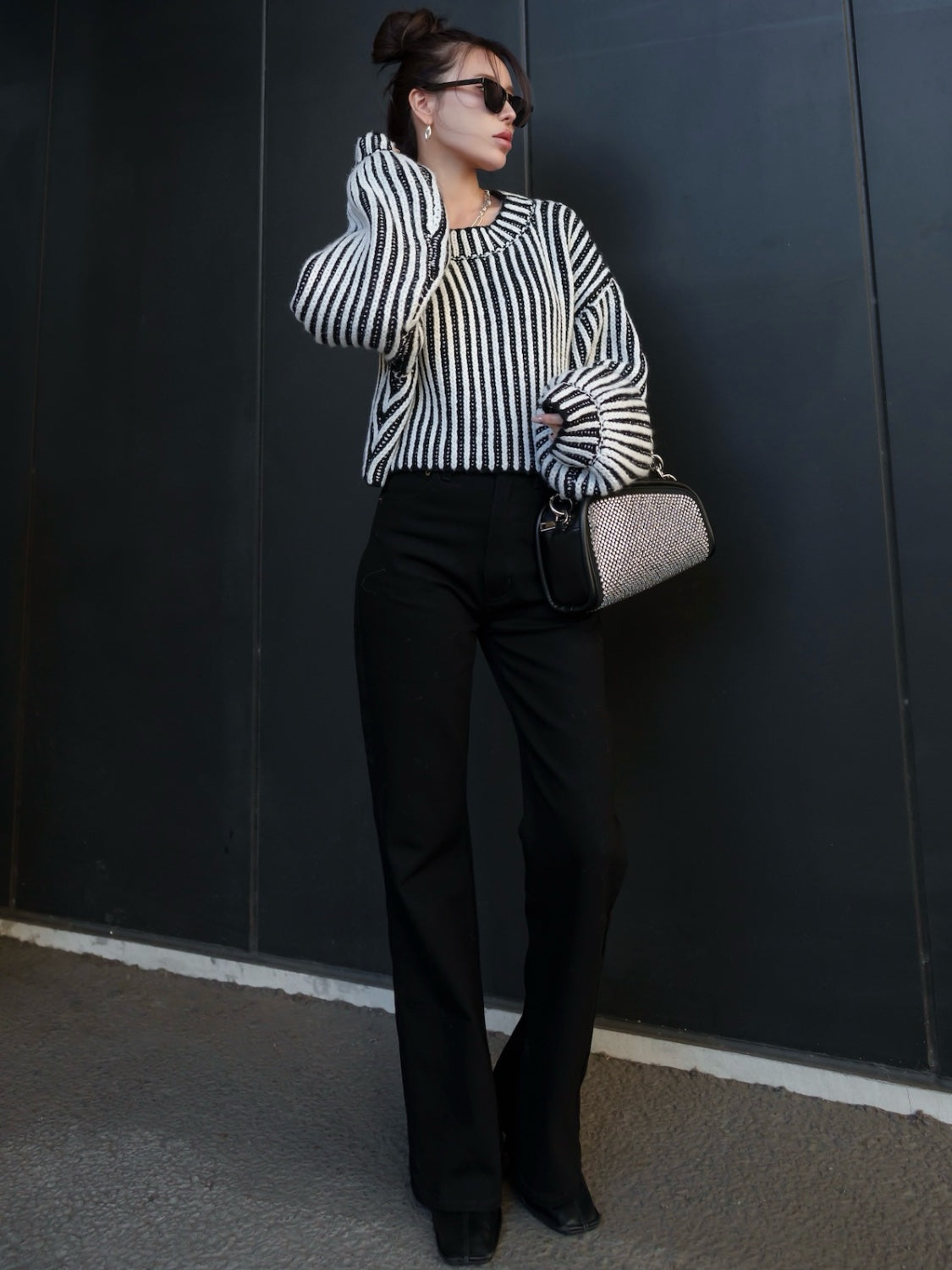 BLACK ストライプ クロップド Wool Knit