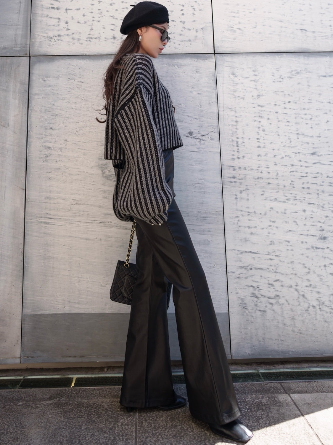 BLACK ストライプ クロップド Wool Knit
