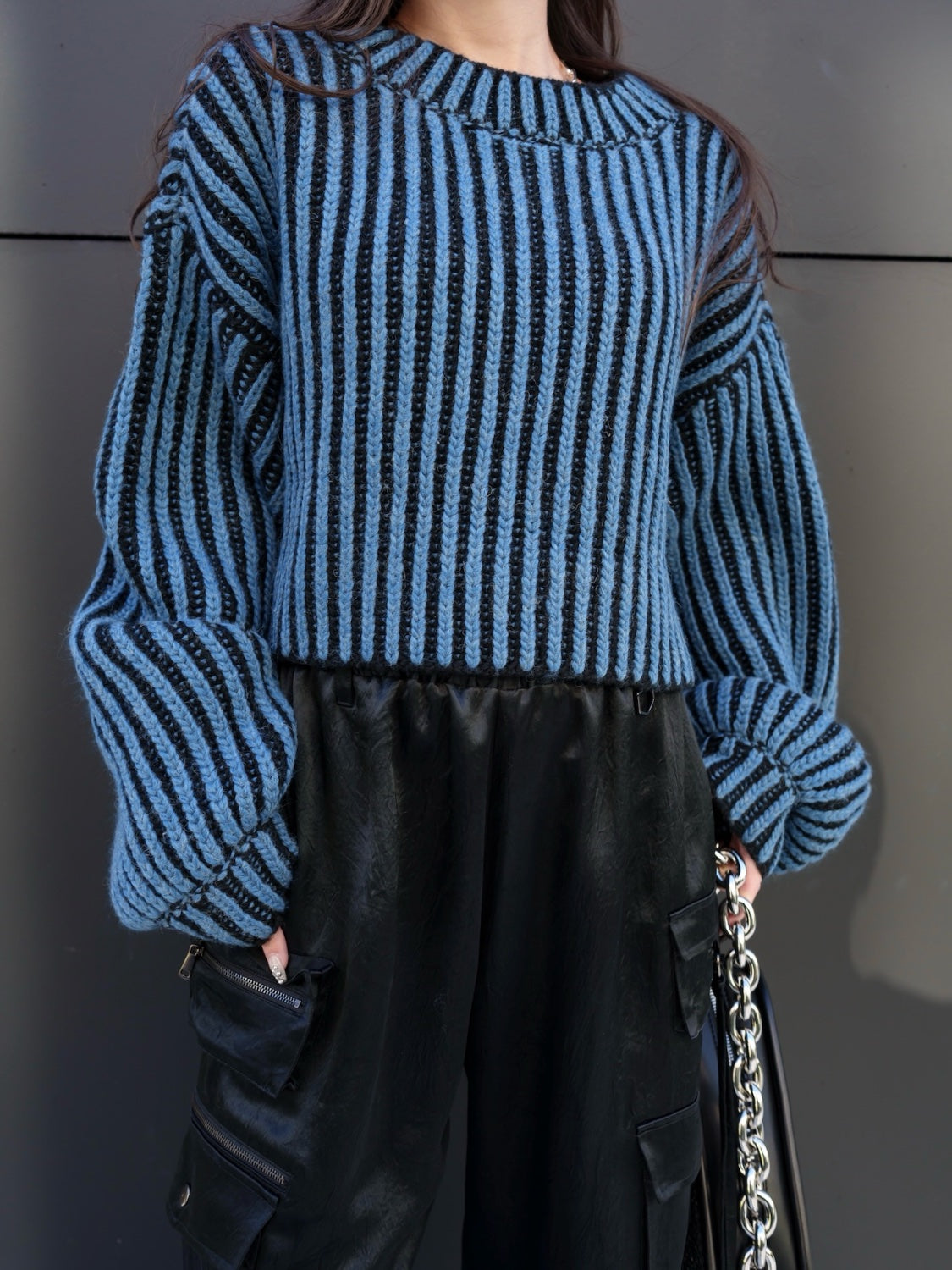 BLACK ストライプ クロップド Wool Knit