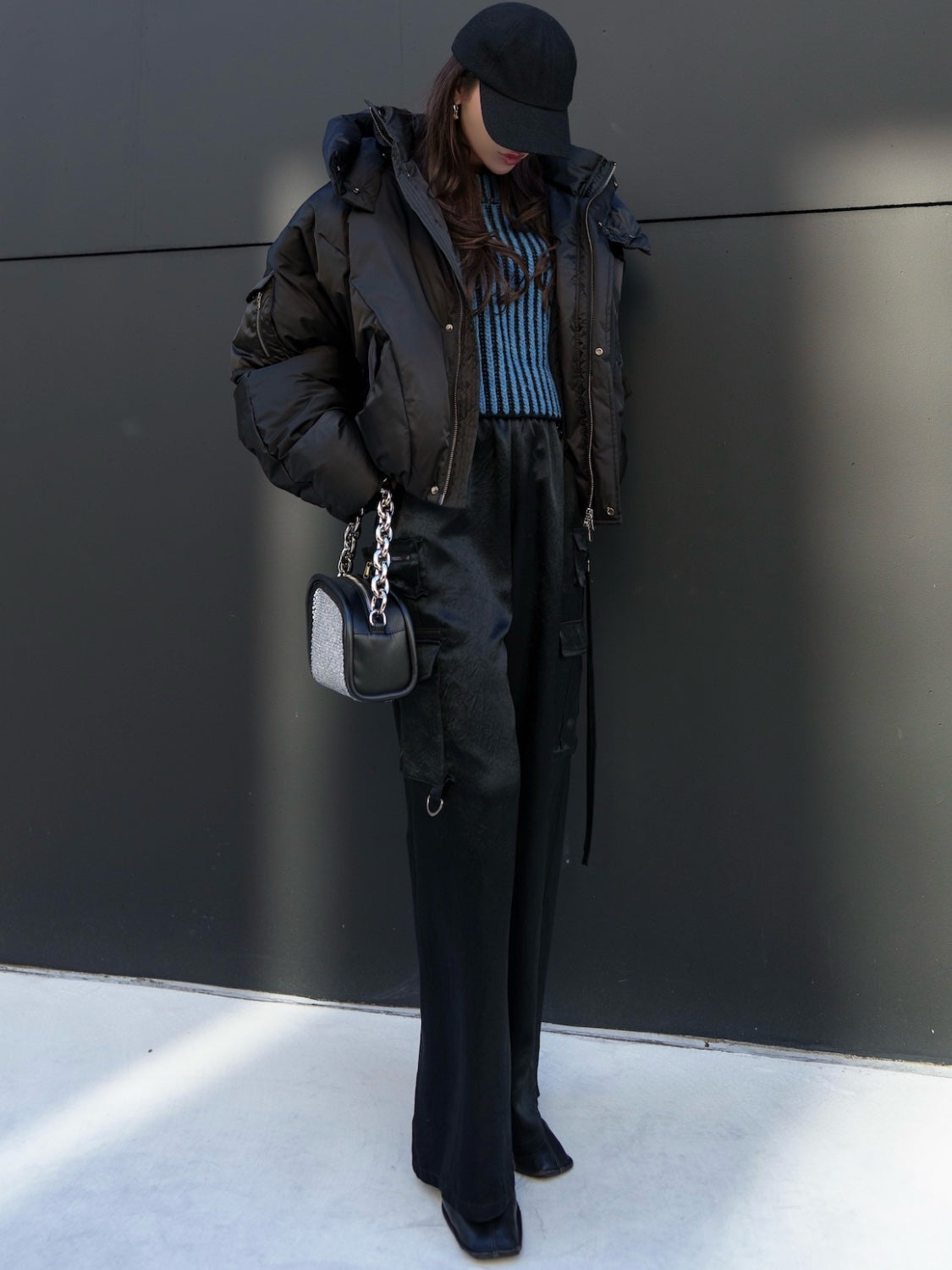 BLACK ストライプ クロップド Wool Knit