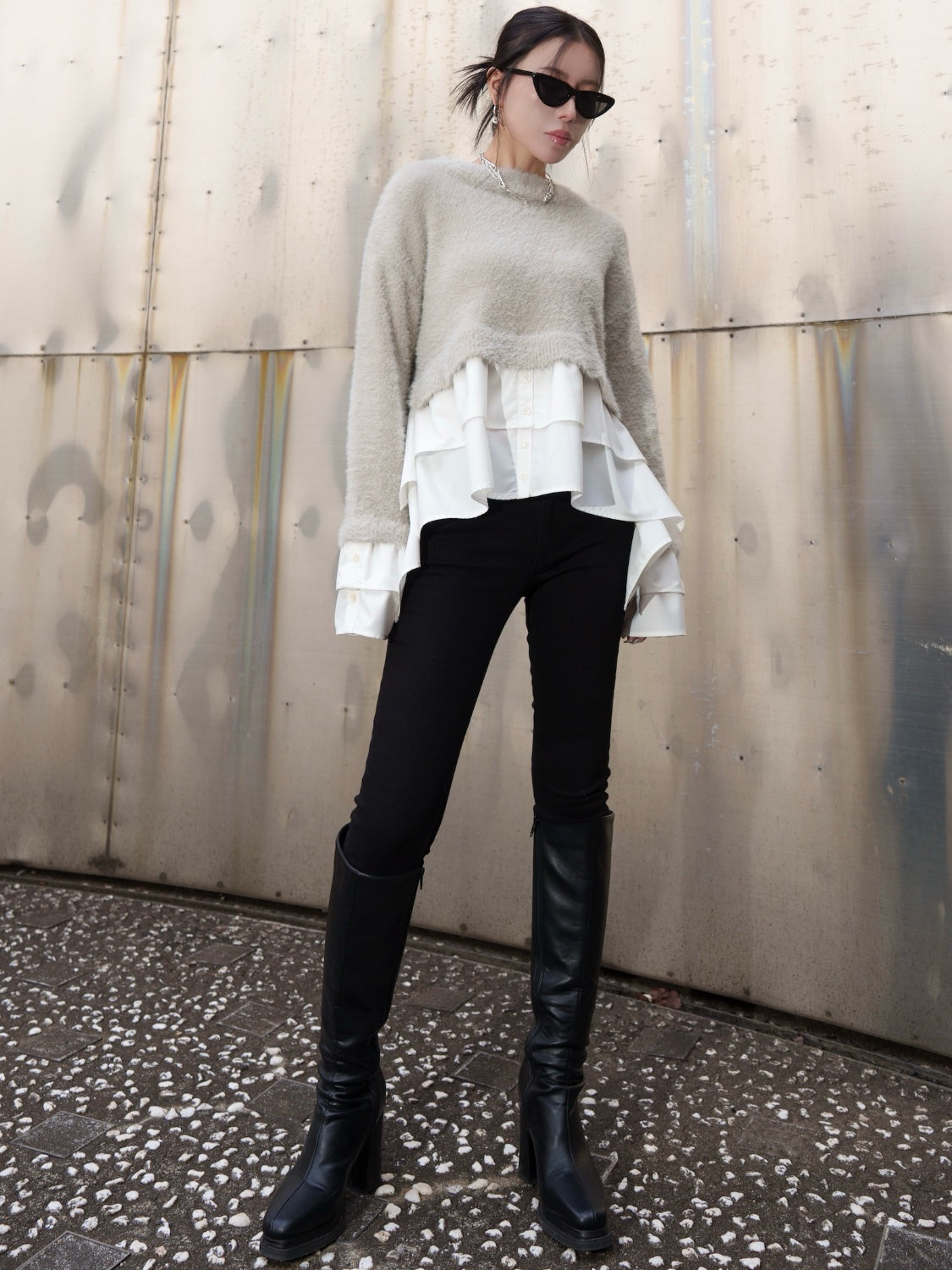 KNIT ドッキング フリルレイヤー ブラウス