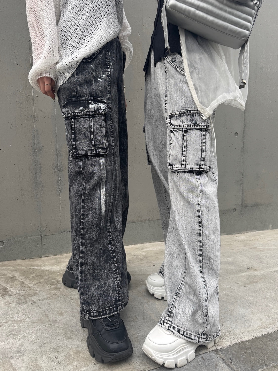 Metallic print chemical cargo denim