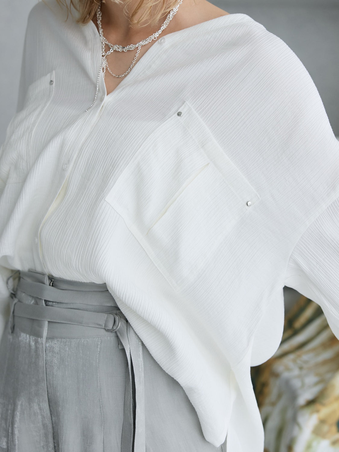 クリンプ Vネック ラージポケット ブラウス